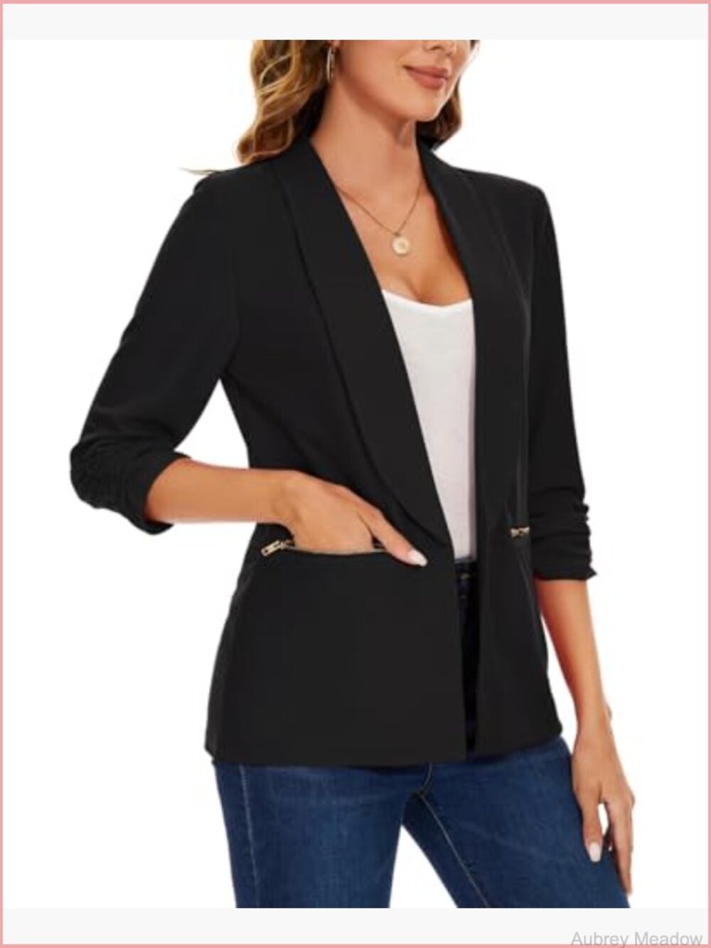 Casual Blazer 3/4 Sleeve Open Front Cardigan Work Office Suit Jacket Zipper - Picture 6 of 6